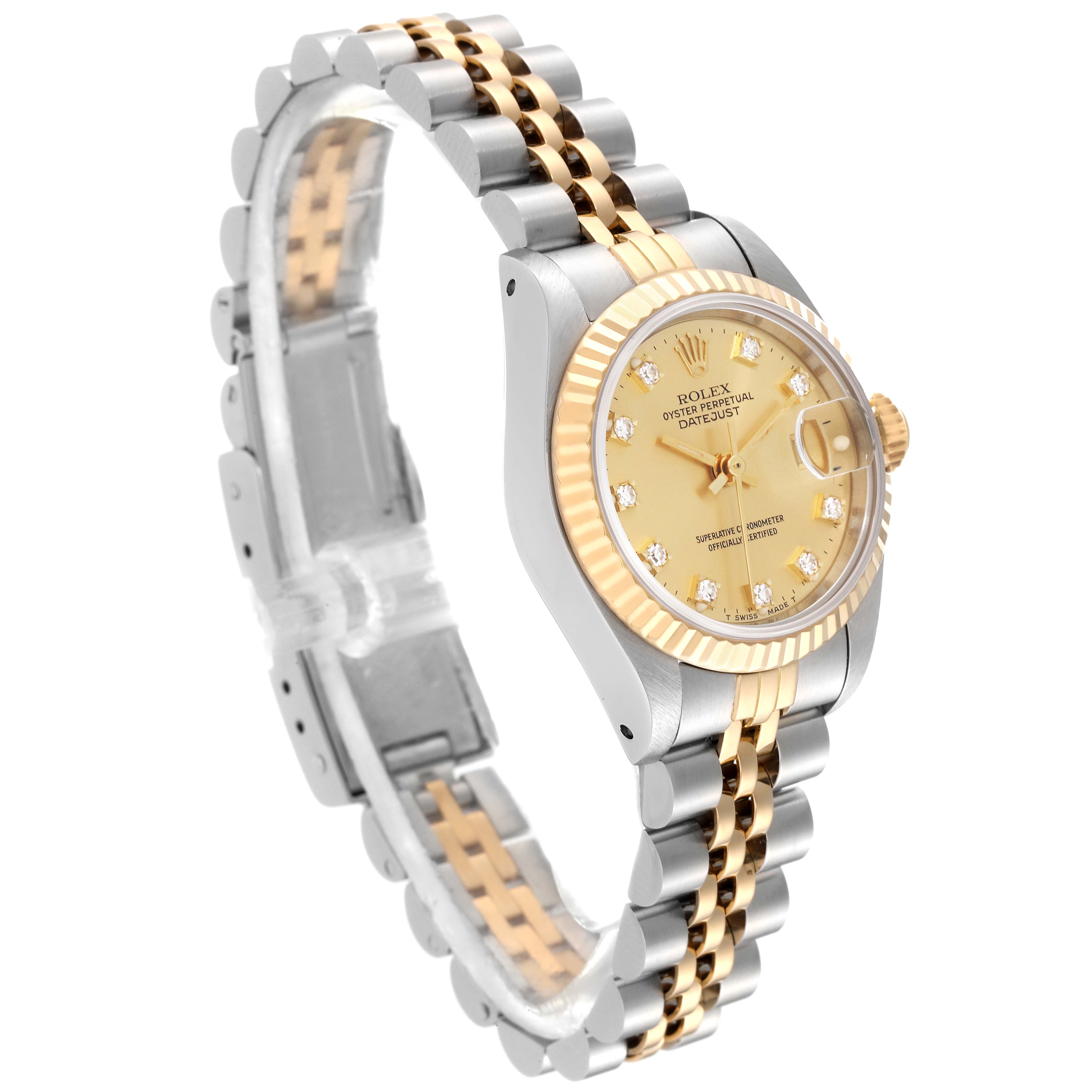 The Rolex Datejust 69173G Women's Steel and Gold (two tone) Champagne Dial 69173G Women's Steel and Gold (two tone) Champagne Dial watch is shown at a three-quarter angle, displaying the face, bracelet, and crown.