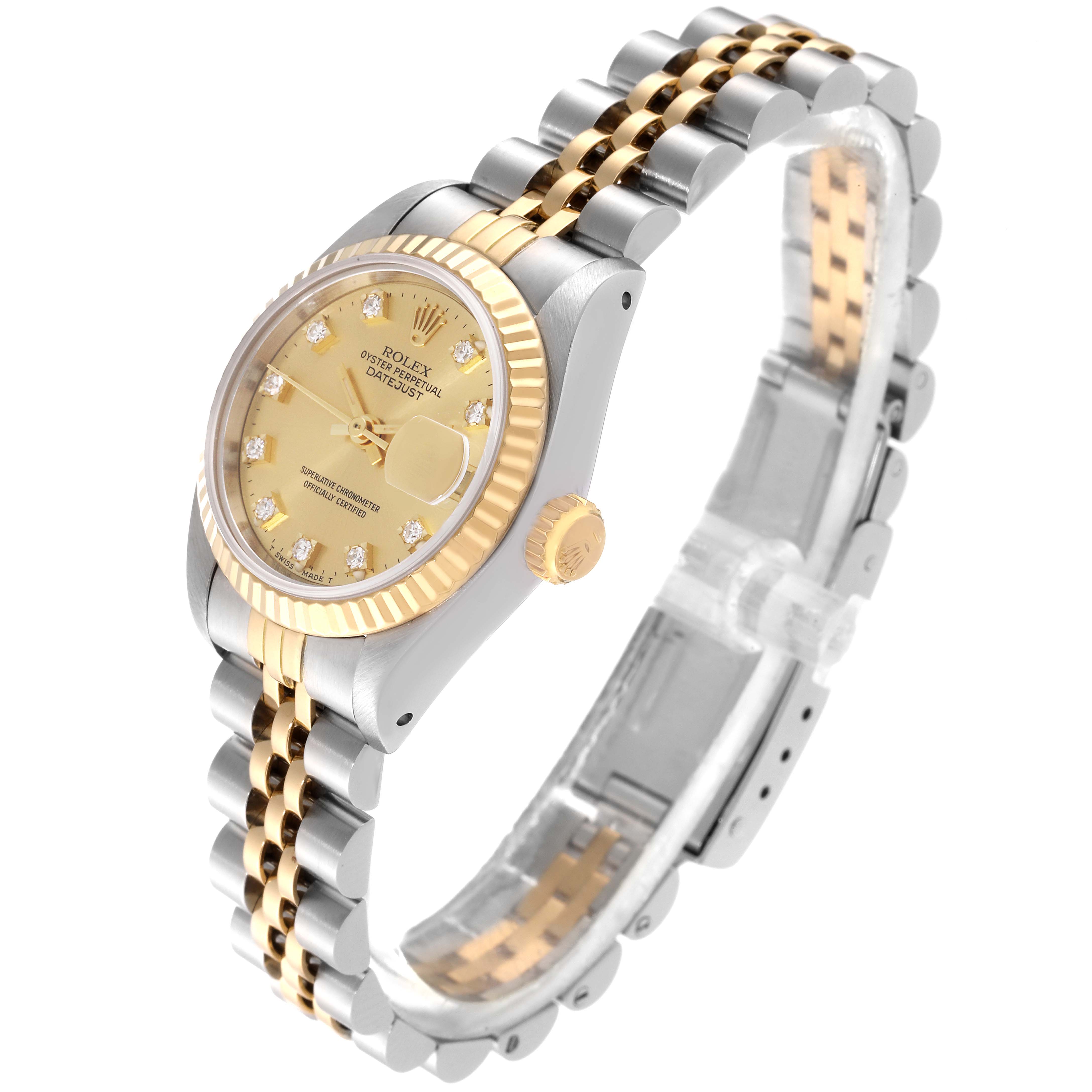 This image shows a Rolex Datejust 69173G Women's Steel and Gold (two tone) Champagne Dial 69173G Women's Steel and Gold (two tone) Champagne Dial watch at a slight top-side angle, highlighting the gold bezel, dial, and two-tone bracelet.