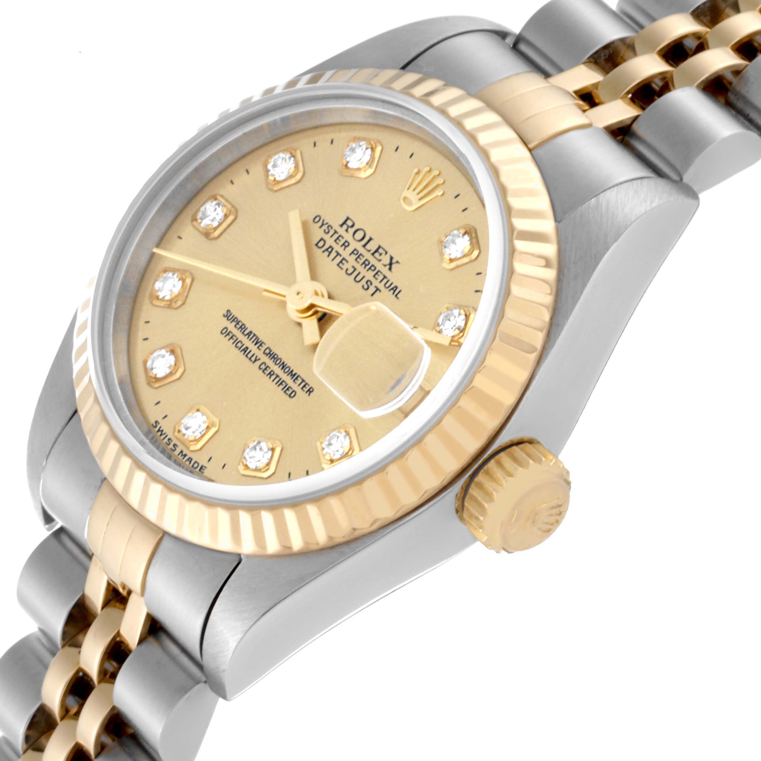 The image shows a close-up, angled view of a Rolex Datejust 69173 Women's Steel and Gold (two tone) Champagne Dial 69173 Women's Steel and Gold (two tone) Champagne Dial watch, highlighting its dial, bezel, crown, and bracelet.