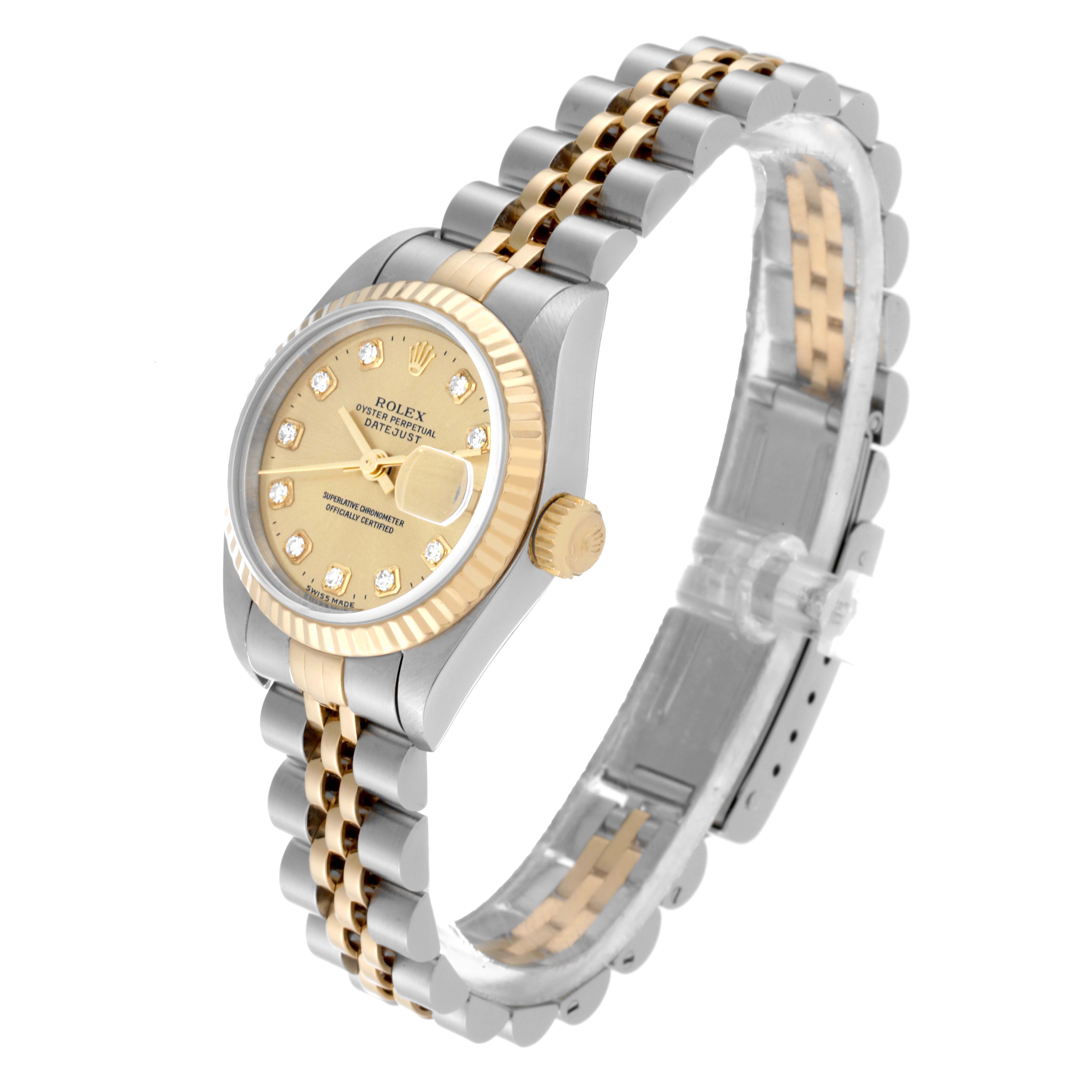 This image shows the Rolex Datejust 69173 Women's Steel and Gold (two tone) Champagne Dial 69173 Women's Steel and Gold (two tone) Champagne Dial watch at a slight front angle, displaying the dial, bezel, crown, and two-tone bracelet.