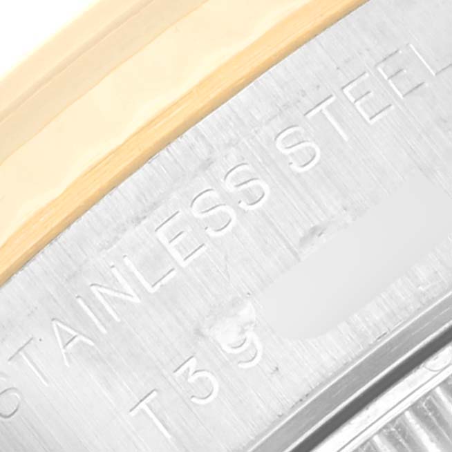 This image shows a close-up of the stainless steel case back edge of a Rolex Datejust 69173 Women's Steel and Gold (two tone) Champagne Dial 69173 Women's Steel and Gold (two tone) Champagne Dial watch.