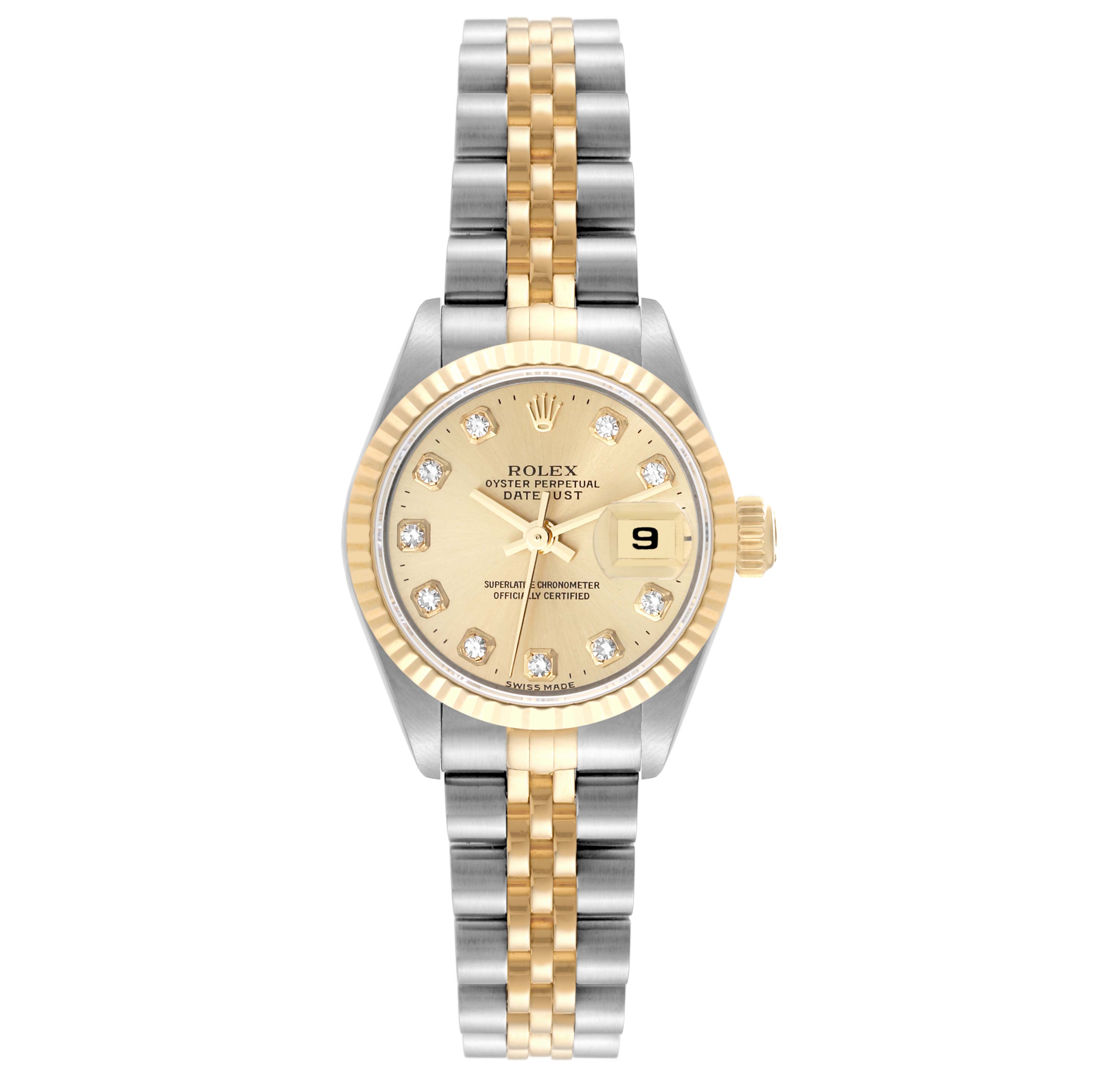 The Rolex Datejust 69173 Women's Steel and Gold (two tone) Champagne Dial 69173 Women's Steel and Gold (two tone) Champagne Dial watch is shown from the front, displaying its dial, bezel, and two-tone bracelet.