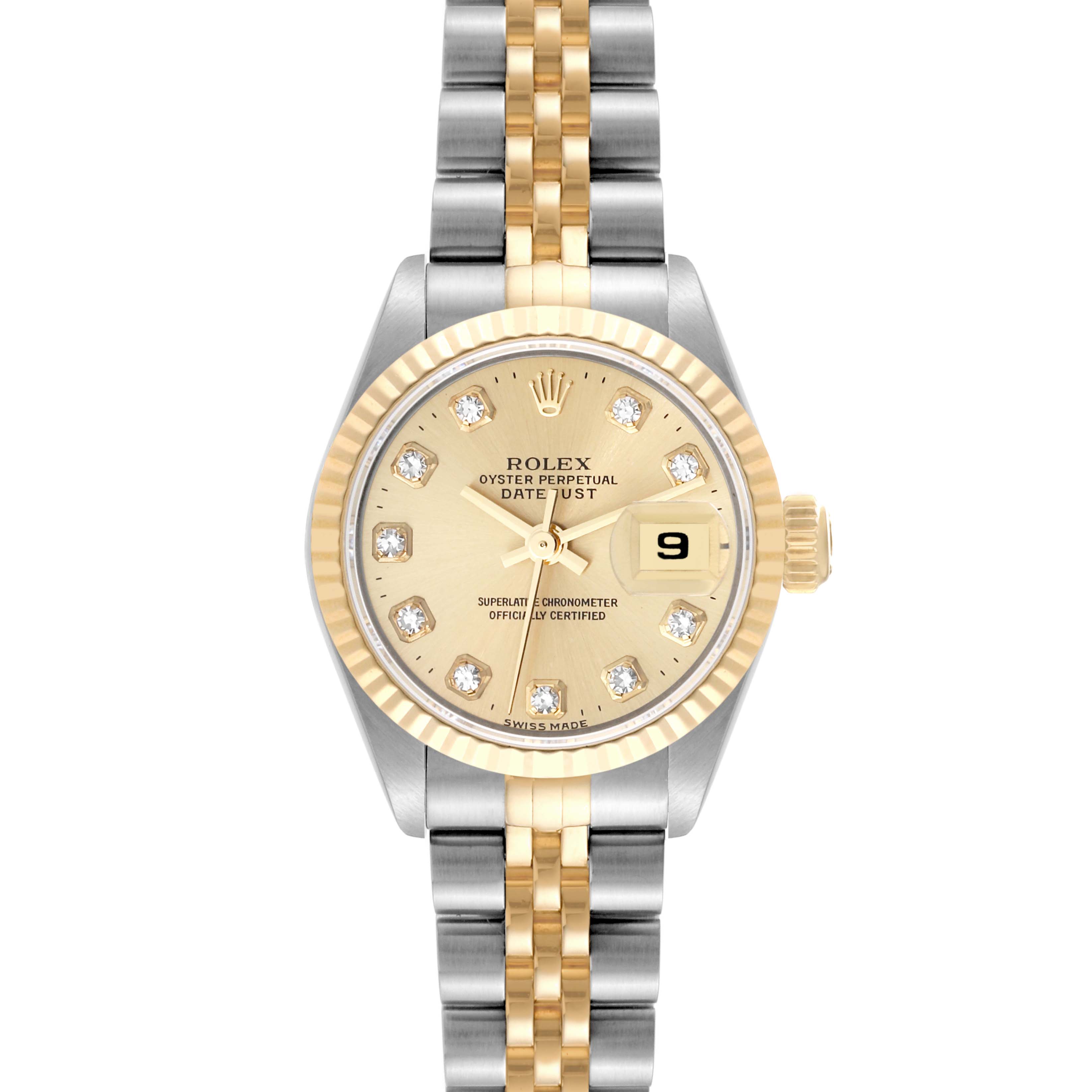 The image shows a front view of a Rolex Datejust 69173 Women's Steel and Gold (two tone) Champagne Dial 69173 Women's Steel and Gold (two tone) Champagne Dial watch with a jubilee bracelet and a diamond bezel.