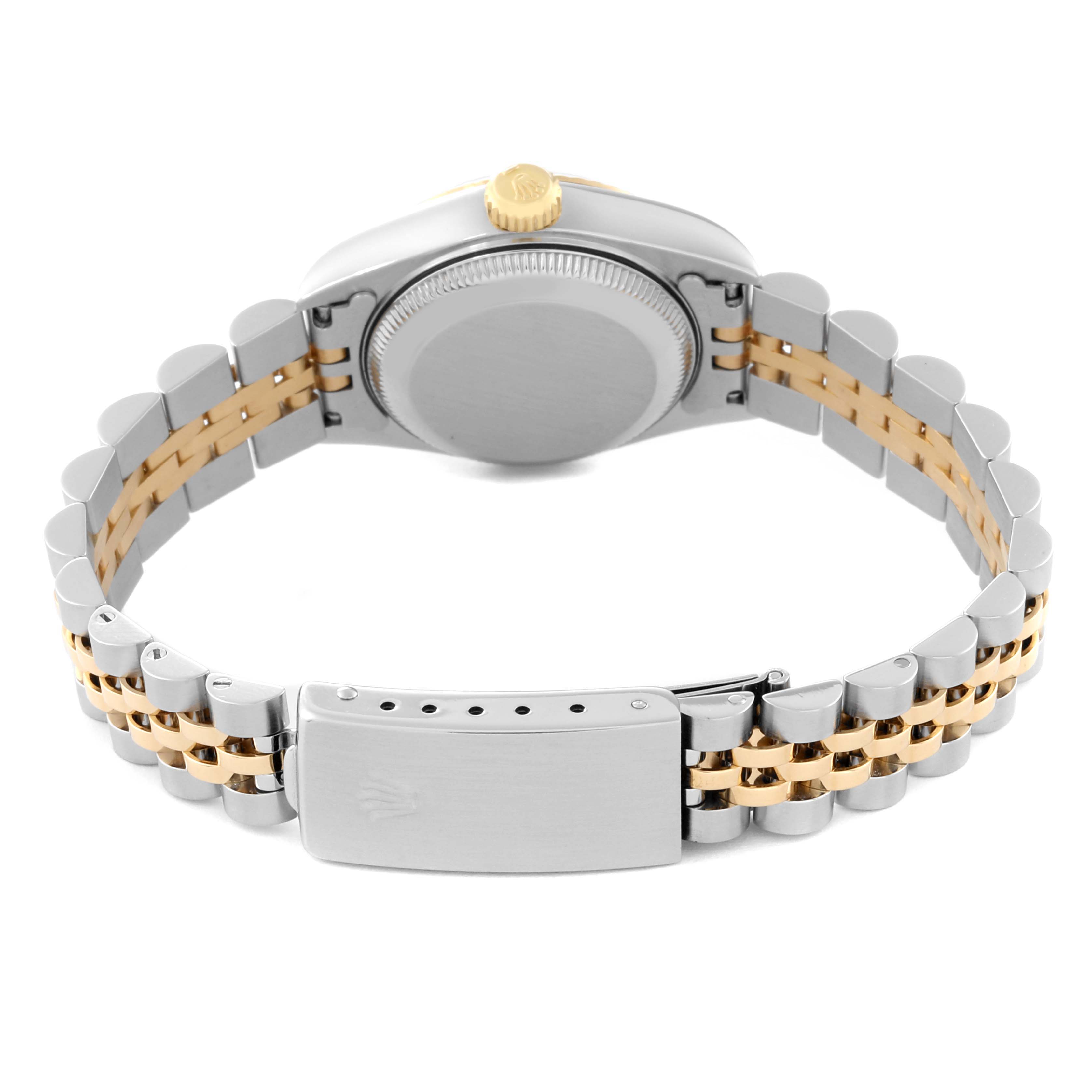 This image shows the back view of a Rolex Datejust 69173 Women's Steel and Gold (two tone) Champagne Dial 69173 Women's Steel and Gold (two tone) Champagne Dial watch, highlighting its two-tone bracelet, clasp, and case back.