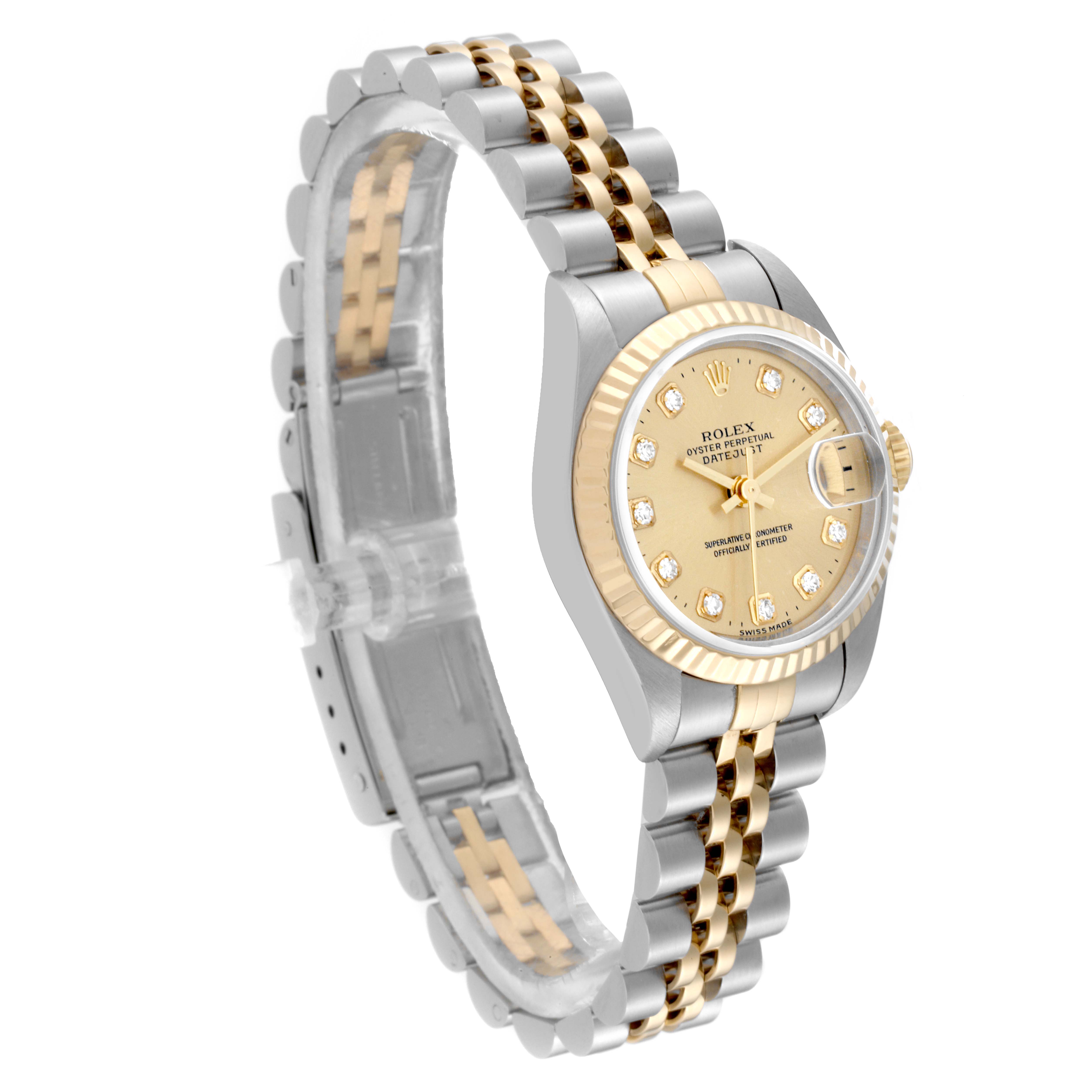 The image shows a side angle of a Rolex Datejust 69173 Women's Steel and Gold (two tone) Champagne Dial 69173 Women's Steel and Gold (two tone) Champagne Dial watch, highlighting its two-tone bracelet and gold face with diamond hour markers.