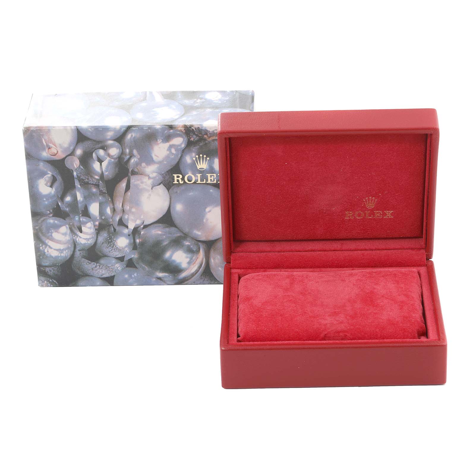 This image shows the box and display case for a Rolex Datejust 69173 Women's Steel and Gold (two tone) Champagne Dial 69173 Women's Steel and Gold (two tone) Champagne Dial watch, with the box open facing forward.