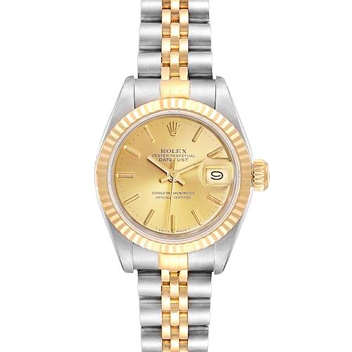 The image shows a front view of the Rolex Datejust 69173 Women's Steel and Gold (two tone) Champagne Dial 69173 Women's Steel and Gold (two tone) Champagne Dial watch, displaying its gold and silver bracelet, dial, and date window.