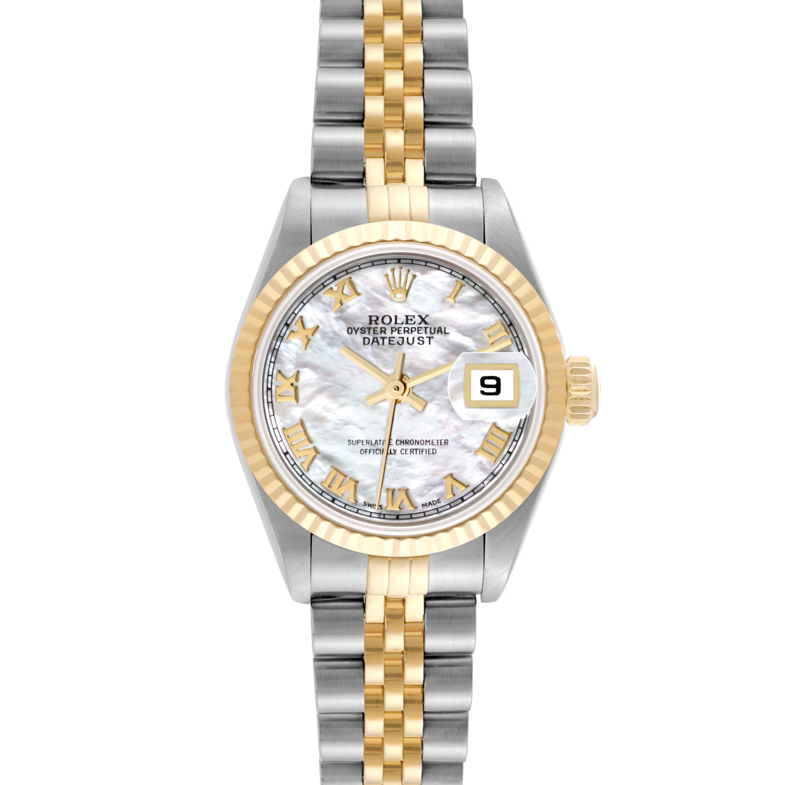 The image shows a frontal view of a Rolex Datejust 79173 Women's Steel and Gold (two tone) Mother of Pearl Dial 79173 Women's Steel and Gold (two tone) Mother of Pearl Dial watch, featuring a two-tone bracelet and a date display at 3 o'clock.