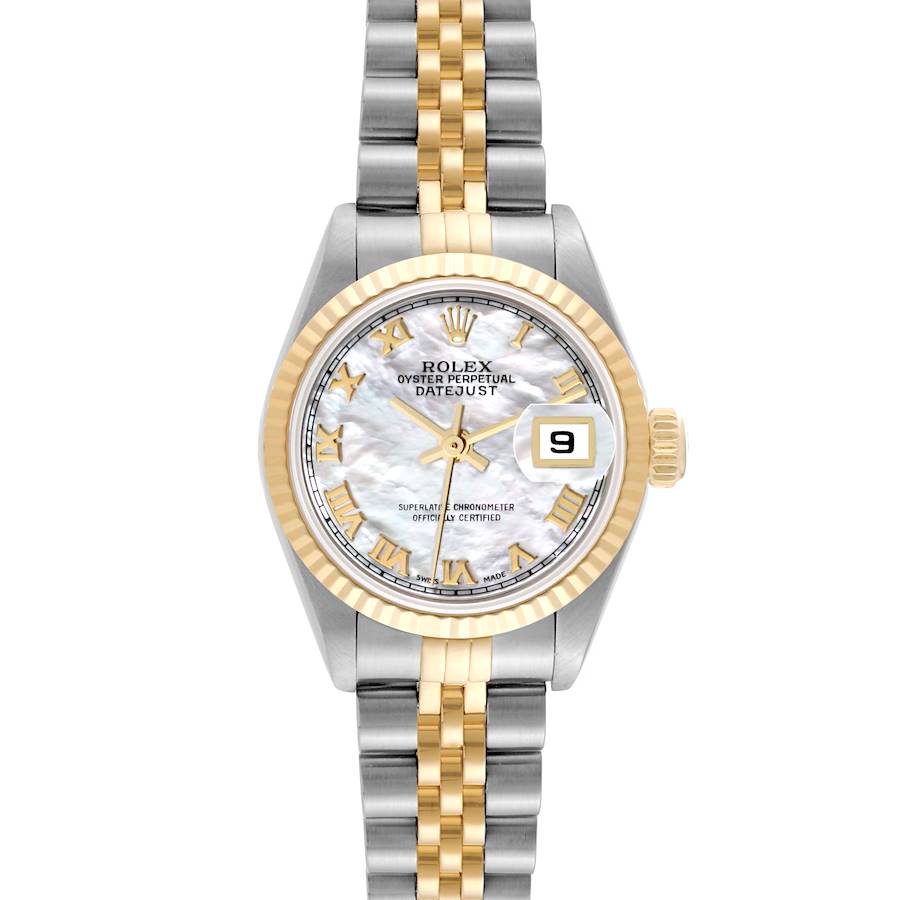 The image shows a frontal view of a Rolex Datejust 79173 Women's Steel and Gold (two tone) Mother of Pearl Dial 79173 Women's Steel and Gold (two tone) Mother of Pearl Dial watch, featuring a two-tone bracelet and a date display at 3 o'clock.