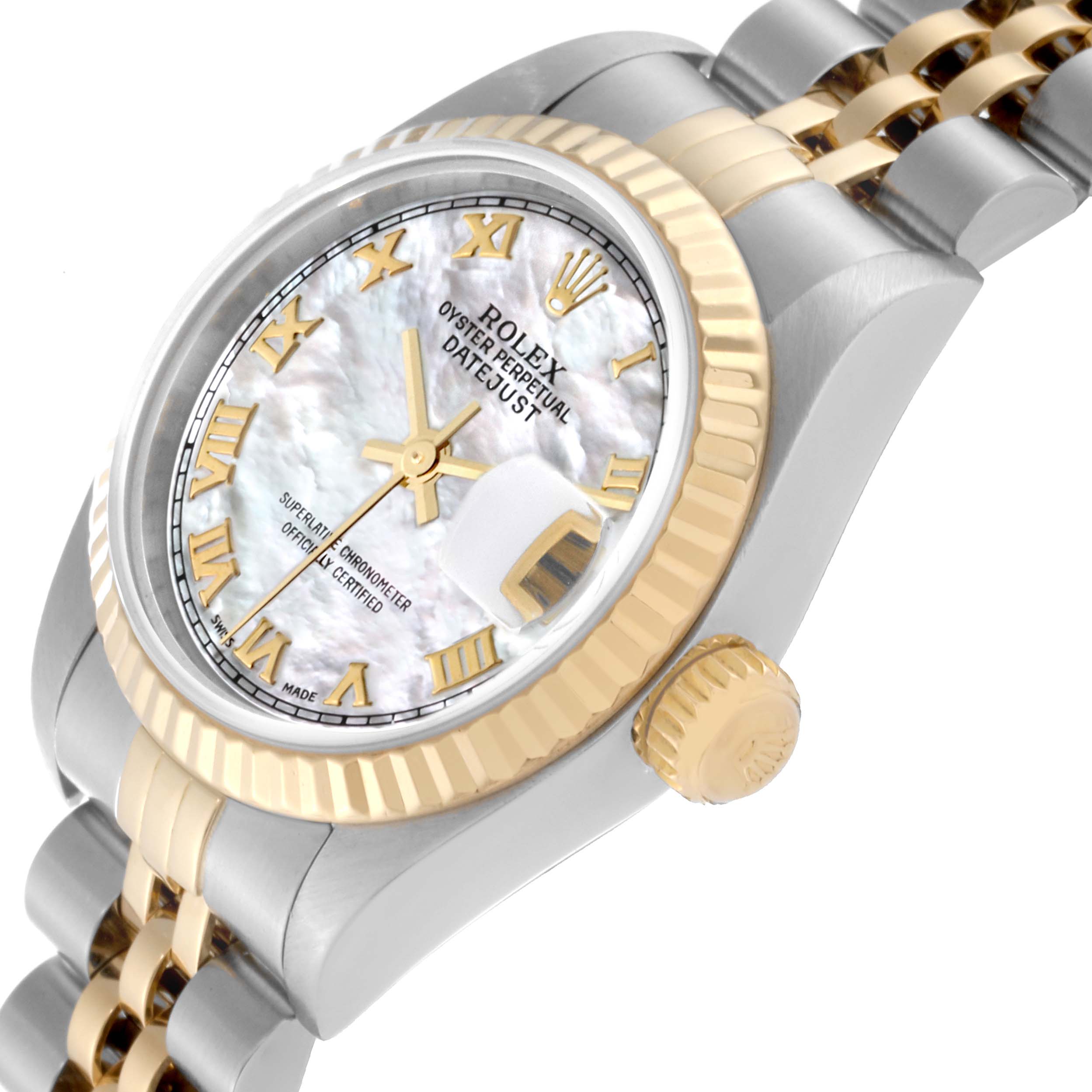 The image shows a close-up angled view of a Rolex Datejust 79173 Women's Steel and Gold (two tone) Mother of Pearl Dial 79173 Women's Steel and Gold (two tone) Mother of Pearl Dial watch, displaying the face, bezel, crown, and part of the bracelet.