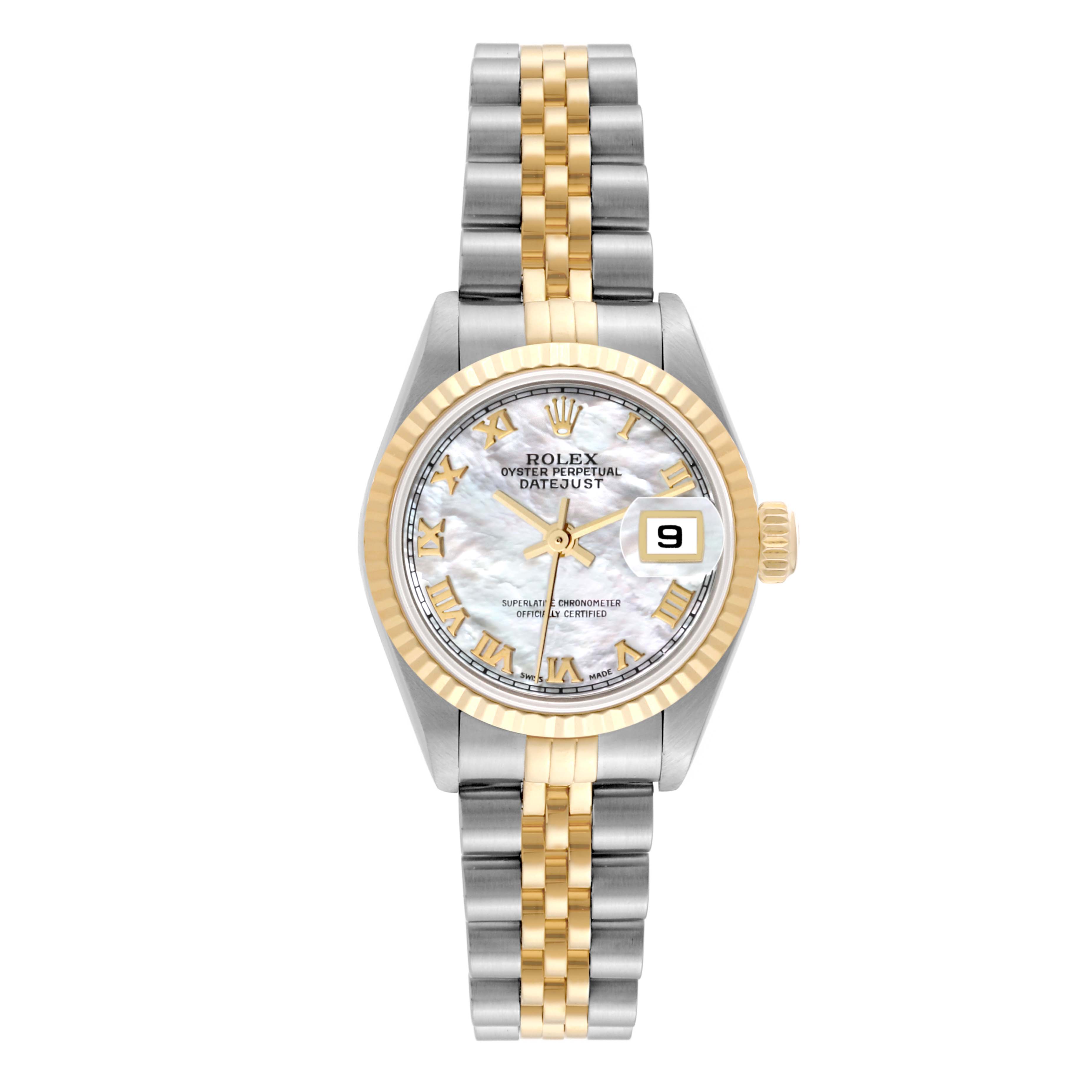 This image shows a Rolex Datejust 79173 Women's Steel and Gold (two tone) Mother of Pearl Dial 79173 Women's Steel and Gold (two tone) Mother of Pearl Dial watch from a top-down angle, displaying its face, bezel, and two-tone bracelet.