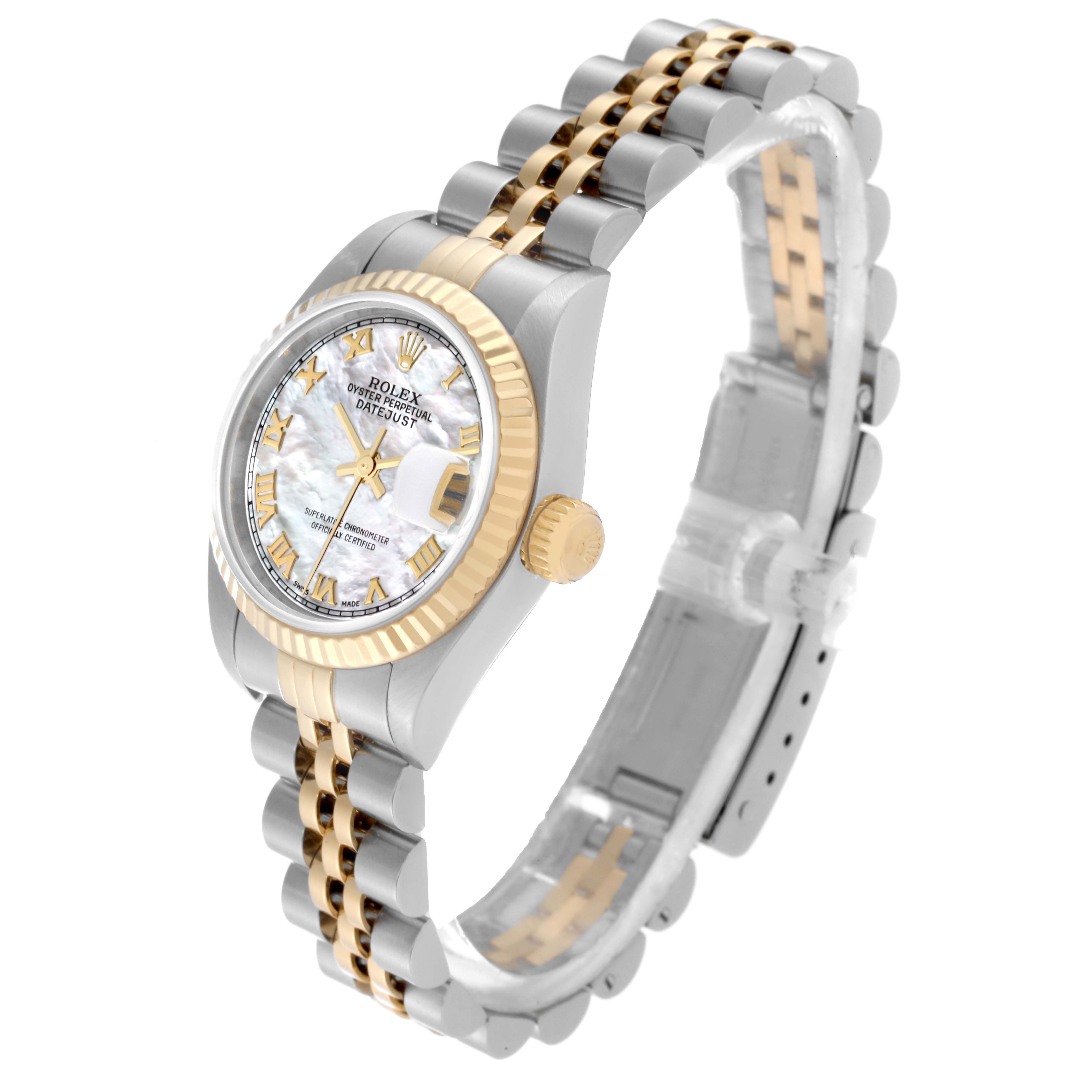 This Rolex Datejust 79173 Women's Steel and Gold (two tone) Mother of Pearl Dial 79173 Women's Steel and Gold (two tone) Mother of Pearl Dial watch is shown at a slight diagonal angle, featuring the face, bezel, and two-tone bracelet.