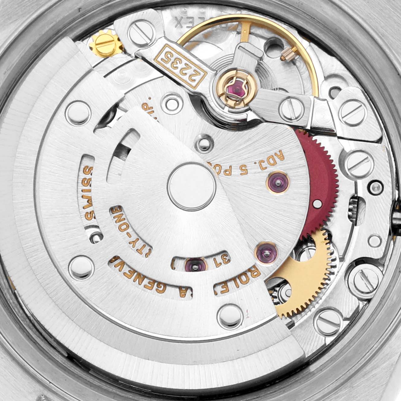 This image shows the movement mechanism of a Rolex Datejust 79173 Women's Steel and Gold (two tone) Mother of Pearl Dial 79173 Women's Steel and Gold (two tone) Mother of Pearl Dial model watch, viewed from the back.