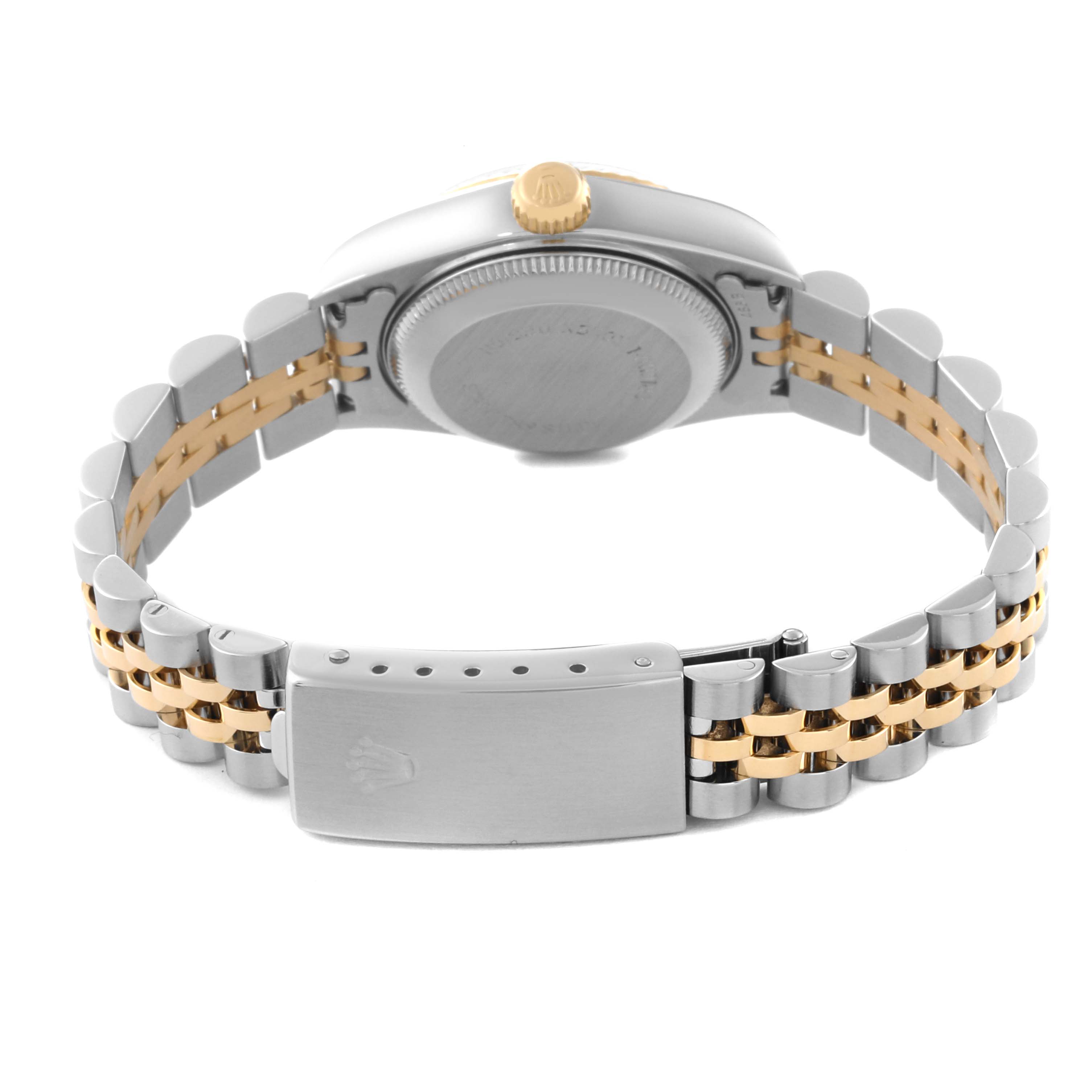 The image shows the back view of the Rolex Datejust 79173 Women's Steel and Gold (two tone) Mother of Pearl Dial 79173 Women's Steel and Gold (two tone) Mother of Pearl Dial watch, highlighting the case back and jubilee bracelet.