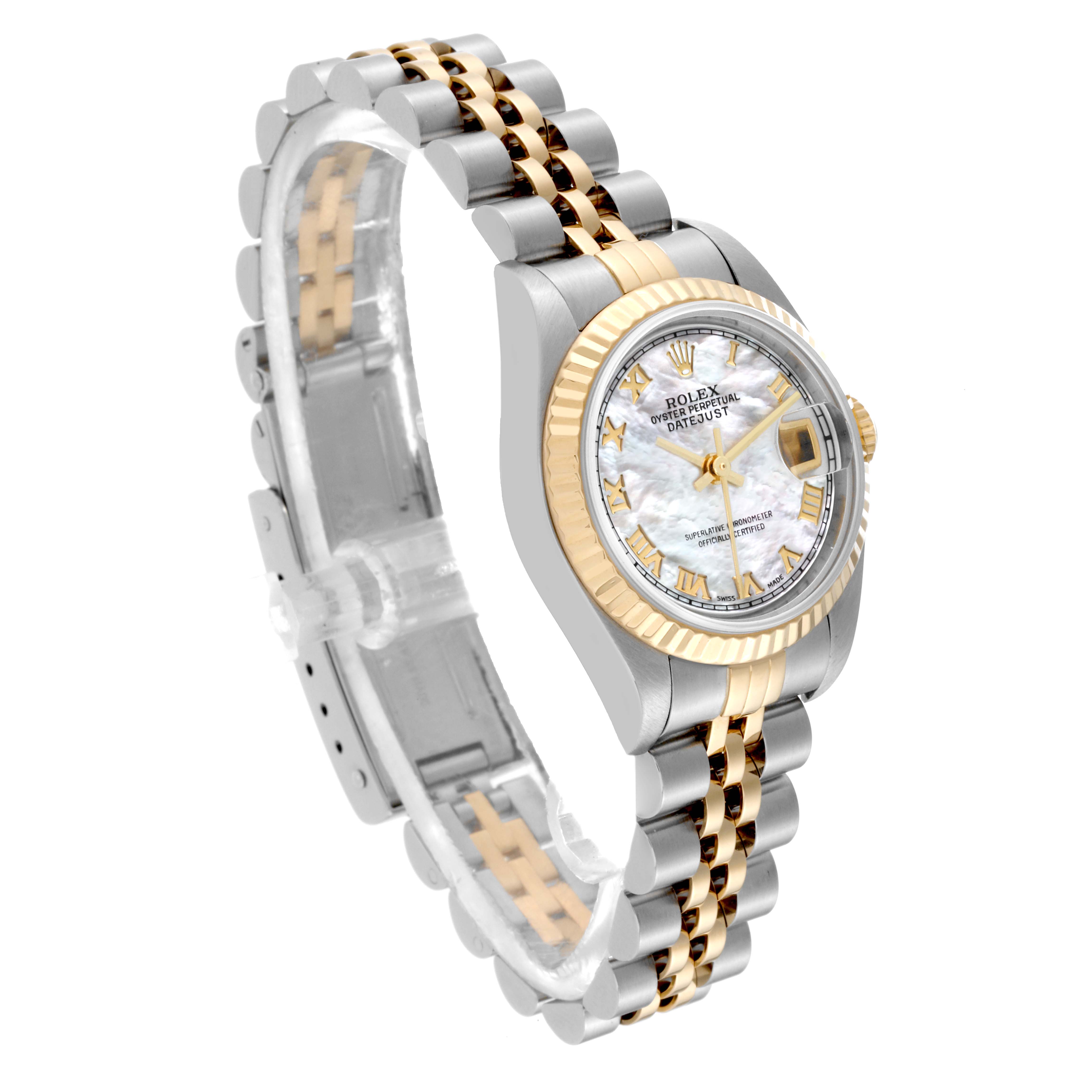 The Rolex Datejust 79173 Women's Steel and Gold (two tone) Mother of Pearl Dial 79173 Women's Steel and Gold (two tone) Mother of Pearl Dial watch is shown at a slight side angle, highlighting its two-tone bracelet and intricate dial.