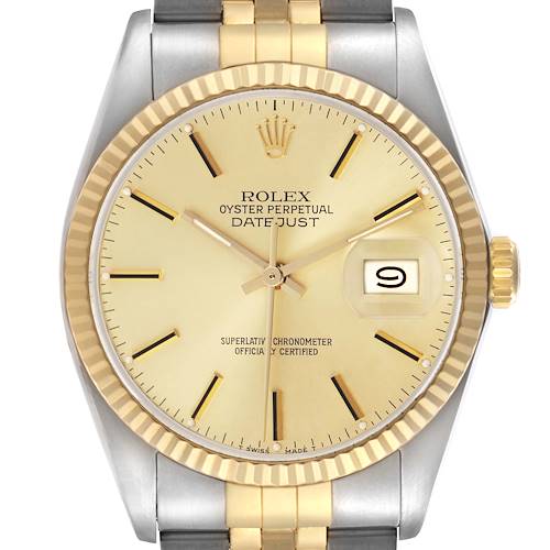 The Rolex Datejust 16013 Men's Steel and Gold (two tone) Champagne Dial 16013 Men's Steel and Gold (two tone) Champagne Dial is shown from a top-down angle, displaying the face, bezel, crown, and part of the bracelet.