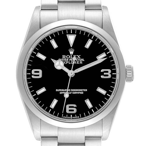 The image shows a front view of the Rolex Explorer 114270 Men's Stainless Steel Black Dial 114270 Men's Stainless Steel Black Dial watch, displaying the dial, markers, hands, case, and part of the bracelet.