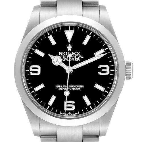 The Rolex Explorer 224270 Men's Stainless Steel Black Dial 224270 Men's Stainless Steel Black Dial watch is shown from the front, displaying the face, bezel, and part of the bracelet.