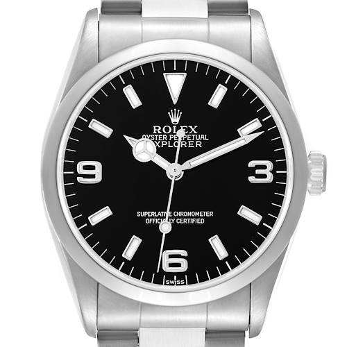 The Rolex Explorer 14270 Men's Stainless Steel Black Dial 14270 Men's Stainless Steel Black Dial watch is shown from a front view, displaying its dial, bezel, and part of the bracelet.