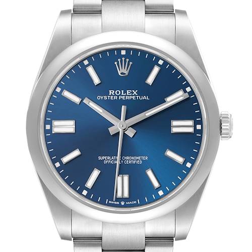 The Rolex Oyster Perpetual 124300 Men's Stainless Steel Blue Dial 124300 Men's Stainless Steel Blue Dial watch is shown from a front angle, highlighting its blue dial, markers, crown, and part of the bracelet.
