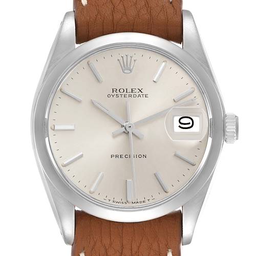 The Rolex Date 6694 Men's Stainless Steel Silver Dial 6694 Men's Stainless Steel Silver Dial model is shown from a top-down angle, displaying the dial, hands, date window, and part of the leather strap.
