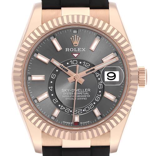 The Rolex Sky-Dweller 336235 Men's Rose Gold Grey Dial 336235 Men's Rose Gold Grey Dial watch is shown from the front, highlighting its dial, bezel, hands, and crown.