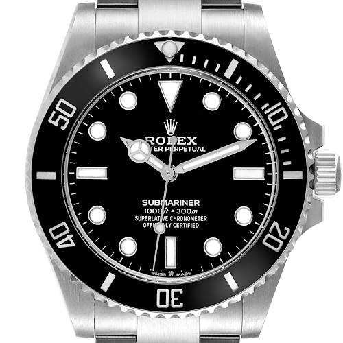 The Rolex Submariner 124060 Men's Stainless Steel Black Dial 124060 Men's Stainless Steel Black Dial watch is shown from a front angle, displaying the dial, bezel, and parts of the bracelet.