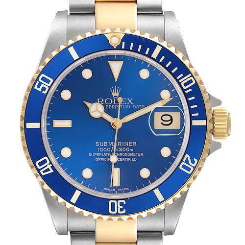 The image shows a front view of a Rolex Submariner 16613 Men's Steel and Gold (two tone) Blue Dial 16613 Men's Steel and Gold (two tone) Blue Dial watch, highlighting its blue and gold bezel, dial, and bracelet.