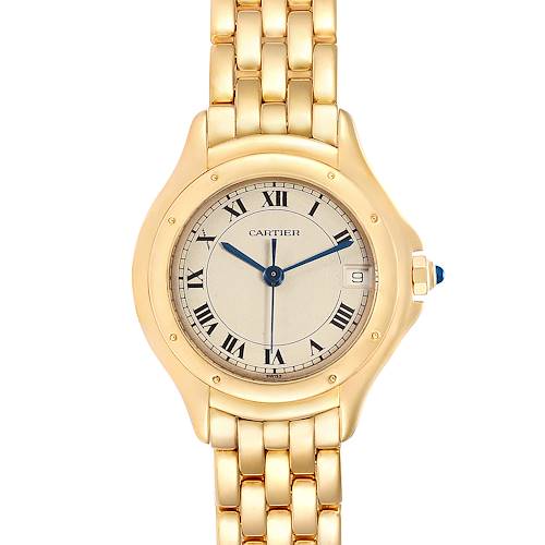 The image shows a frontal view of the Cartier Panthere 887906 Women's Yellow Gold Silver Dial 887906 Women's Yellow Gold Silver Dial watch, highlighting the face, bezel, and part of the bracelet.