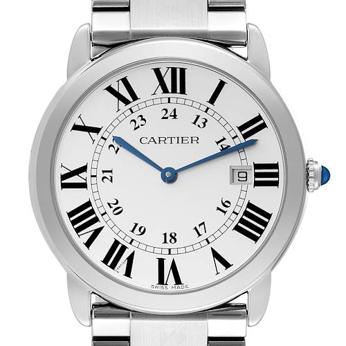 This Cartier Ronde W6701005 Men's Stainless Steel Silver Dial W6701005 Men's Stainless Steel Silver Dial model watch is shown in a close-up front view, displaying the face, bezel, and part of the metal bracelet.
