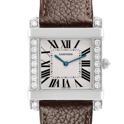 The image shows a front view of a Cartier Tank Louis WE300251 Men's Platinum Silver Dial WE300251 Men's Platinum Silver Dial watch, highlighting its rectangular dial, Roman numerals, and leather strap.
