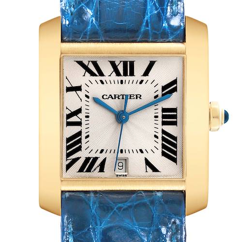 The Cartier Tank Francaise W5000156 Men's Yellow Gold Silver Dial W5000156 Men's Yellow Gold Silver Dial watch is shown from a front angle, displaying a gold case, blue strap, and Roman numeral dial with a date window.