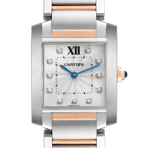 The Cartier Tank Francaise WE110005 Men's Steel and Gold (two tone) Silver Dial WE110005 Men's Steel and Gold (two tone) Silver Dial watch is shown straight-on, highlighting its dial, bracelet, and side crown.