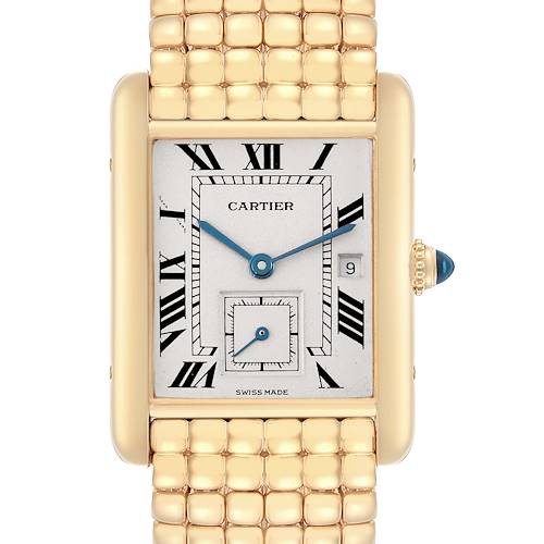 The Cartier Tank Louis 8110 Women's Yellow Gold White Dial 8110 Women's Yellow Gold White Dial watch is shown from a frontal angle, highlighting its rectangular face, Roman numerals, and gold bracelet.