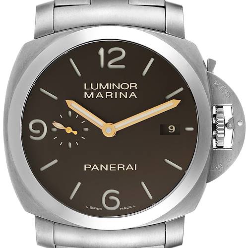 This image shows a front view of a Panerai Luminor PAM00352 Men's Titanium Brown Dial PAM00352 Men's Titanium Brown Dial watch displaying the dial, hands, date window, and crown guard.