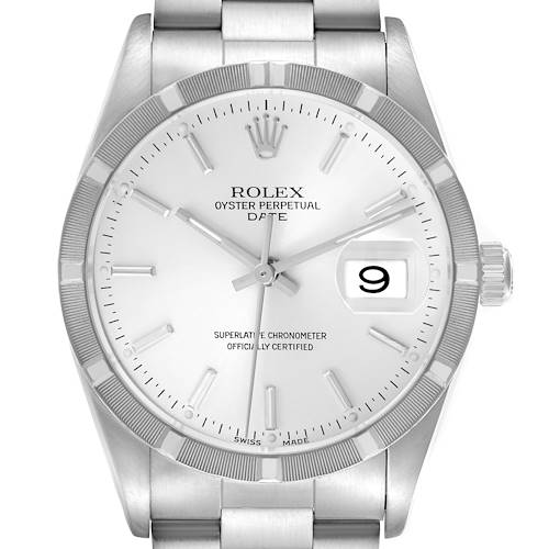 The Rolex Date 15210 Men's Stainless Steel Silver Dial model is shown from the front, highlighting the dial, date window, bezel, and part of the bracelet.