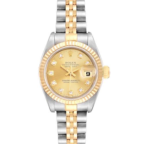 This image shows a full frontal view of the Rolex Datejust 69173 Women's Steel and Gold (two tone) Champagne Dial 69173 Women's Steel and Gold (two tone) Champagne Dial watch, highlighting its two-tone bracelet, dial, and date display.