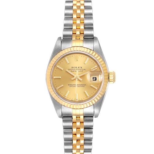 The image shows a Rolex Datejust 79173 Women's Steel and Gold (two tone) Champagne Dial 79173 Women's Steel and Gold (two tone) Champagne Dial watch from a front view angle, featuring a gold and silver Jubilee bracelet and a gold dial.