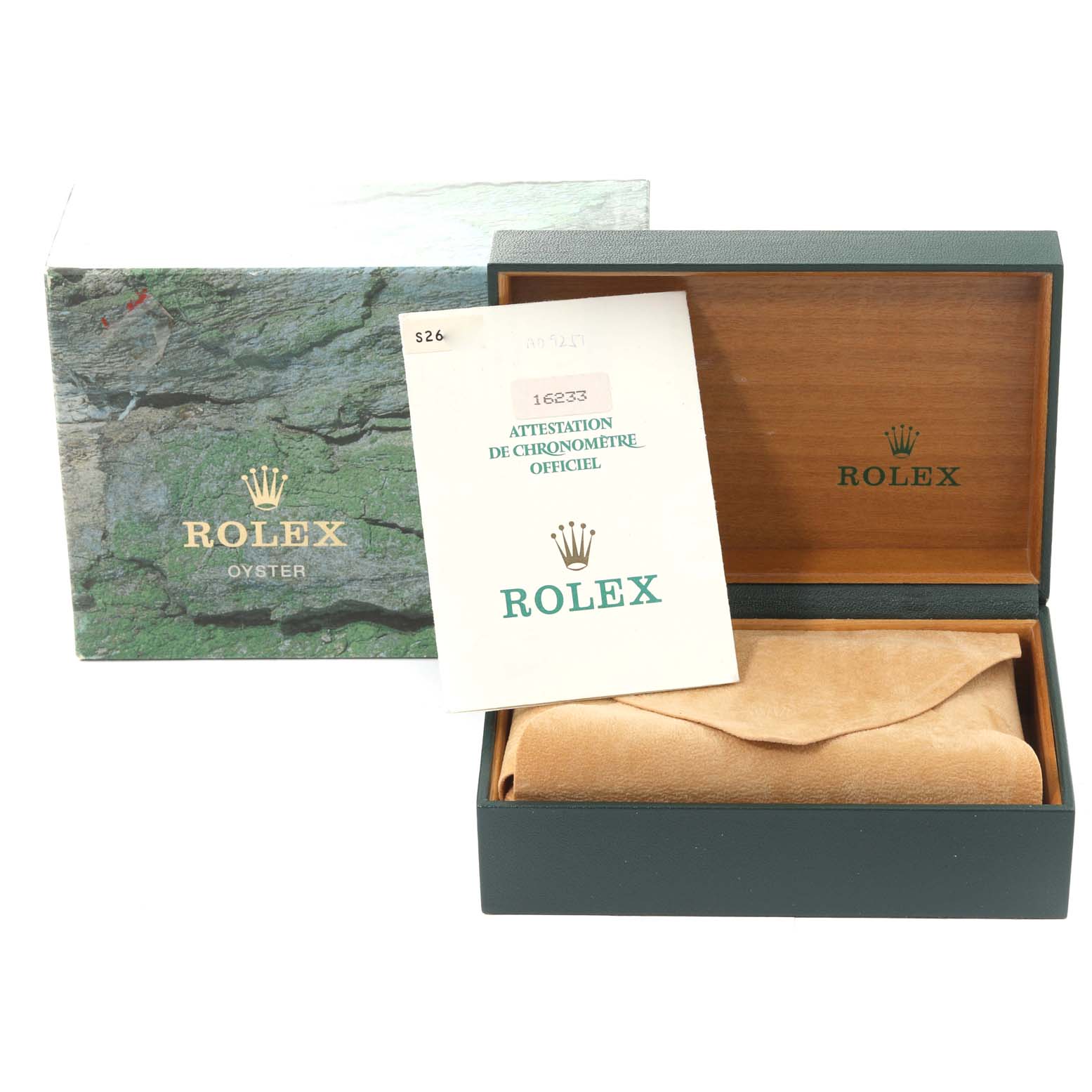 The image shows the packaging box, certificate, and presentation case for the Rolex Datejust 16233 Men's Steel and Gold (two tone) Black Dial 16233 Men's Steel and Gold (two tone) Black Dial model.