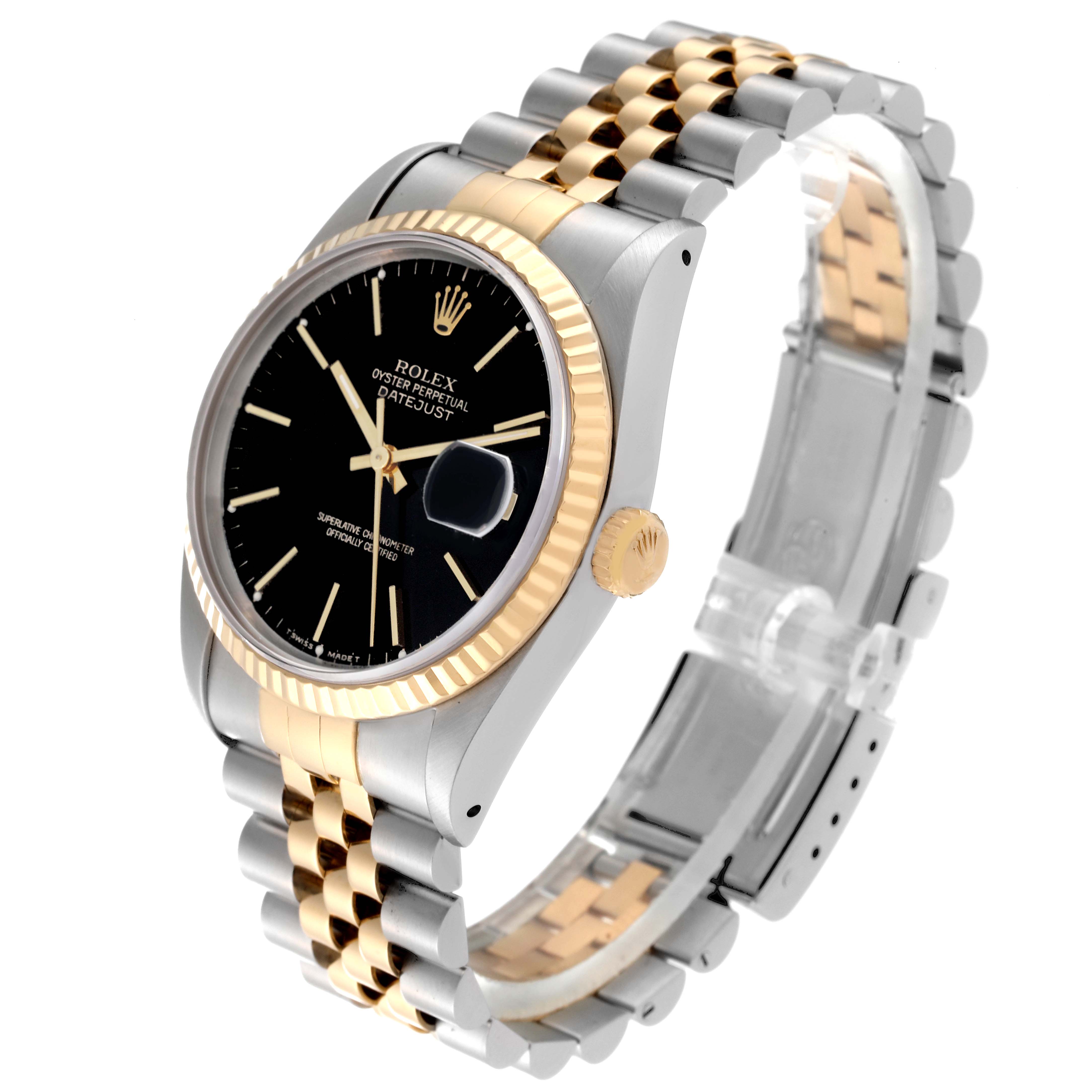 The image shows a Rolex Datejust 16233 Men's Steel and Gold (two tone) Black Dial 16233 Men's Steel and Gold (two tone) Black Dial watch at a three-quarter angle, highlighting its two-tone bracelet, black dial, and date magnifier.