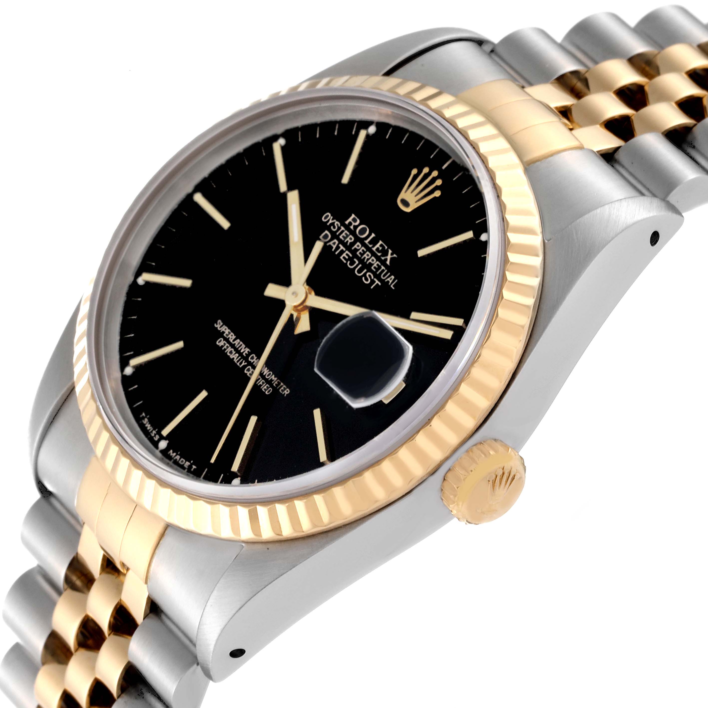 This image shows a Rolex Datejust 16233 Men's Steel and Gold (two tone) Black Dial 16233 Men's Steel and Gold (two tone) Black Dial watch at an angle, highlighting the dial, bezel, crown, and part of the bracelet.
