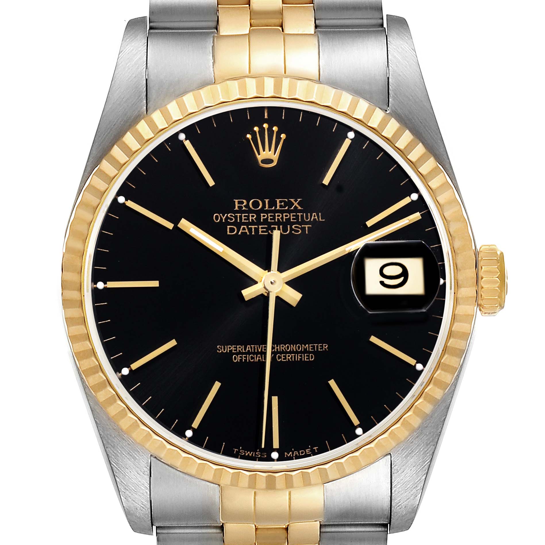 The image shows a front view of the Rolex Datejust 16233 Men's Steel and Gold (two tone) Black Dial 16233 Men's Steel and Gold (two tone) Black Dial watch, displaying the black dial, gold fluted bezel, and two-tone bracelet.