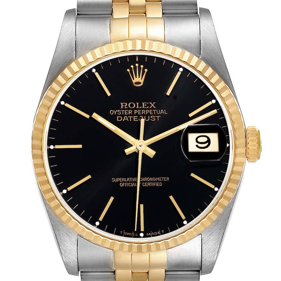 The image shows a front view of the Rolex Datejust 16233 Men's Steel and Gold (two tone) Black Dial 16233 Men's Steel and Gold (two tone) Black Dial watch, displaying the black dial, gold fluted bezel, and two-tone bracelet.
