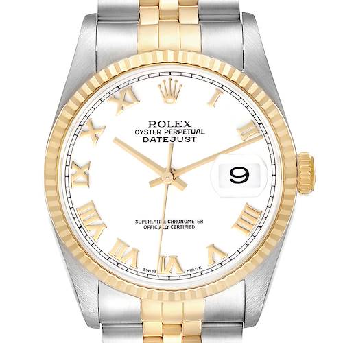 The Rolex Datejust 16233 Men's Steel and Gold (two tone) Yellow Dial 16233 Men's Steel and Gold (two tone) Yellow Dial watch is shown from the front, displaying the dial, bezel, crown, and part of the bracelet.