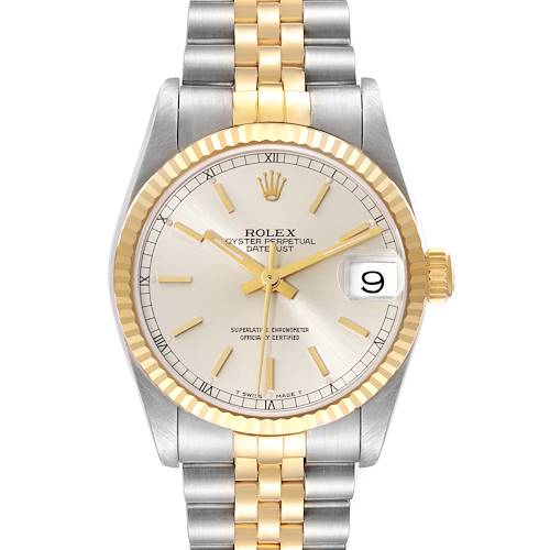 The image shows a front view of the Rolex Mid-Size 68273 Women's Steel and Gold (two tone) Silver Dial 68273 Women's Steel and Gold (two tone) Silver Dial Oyster Perpetual Datejust watch, highlighting the dial, bezel, and bracelet.