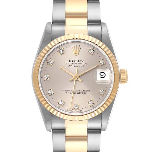 The image shows a front view of a Mid-Size Rolex Oyster Perpetual Datejust, featuring a gold bezel and a two-tone metal band.
