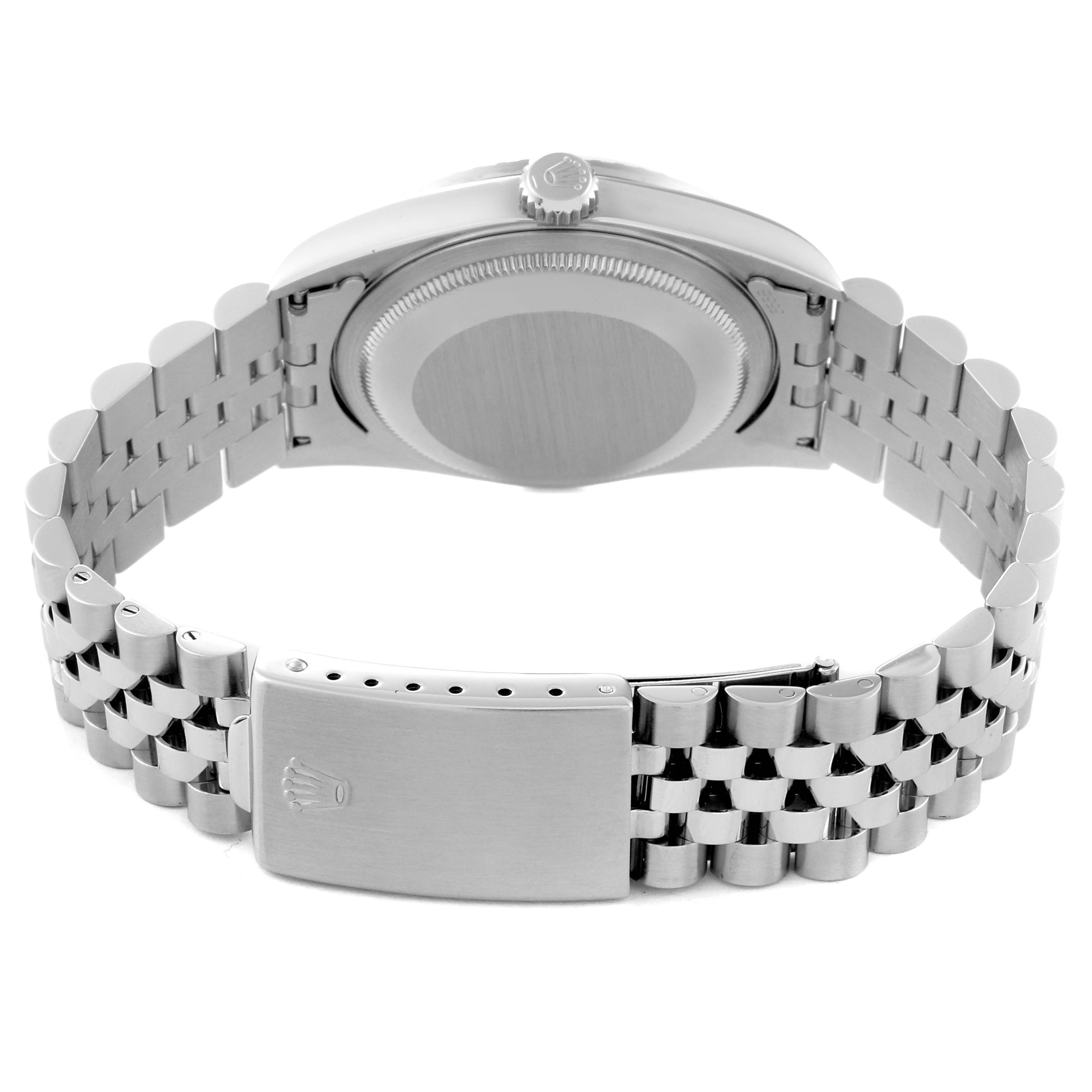 The image shows the back view of a Rolex Datejust 16220 Men's Stainless Steel Silver Dial 16220 Men's Stainless Steel Silver Dial watch, highlighting the bracelet and clasp.