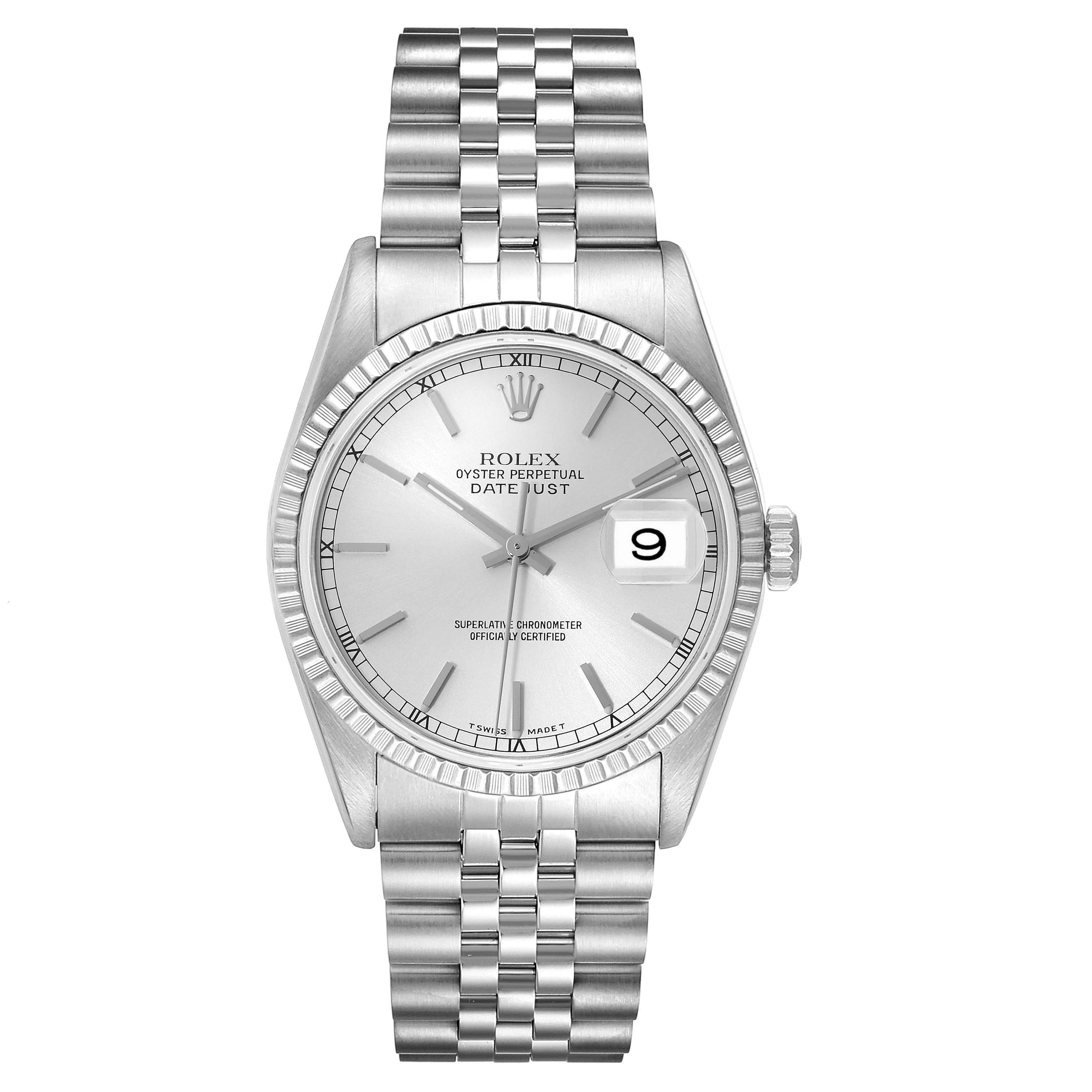 The Rolex Datejust 16220 Men's Stainless Steel Silver Dial 16220 Men's Stainless Steel Silver Dial watch is shown from a top view, displaying its dial, bezel, case, and bracelet.