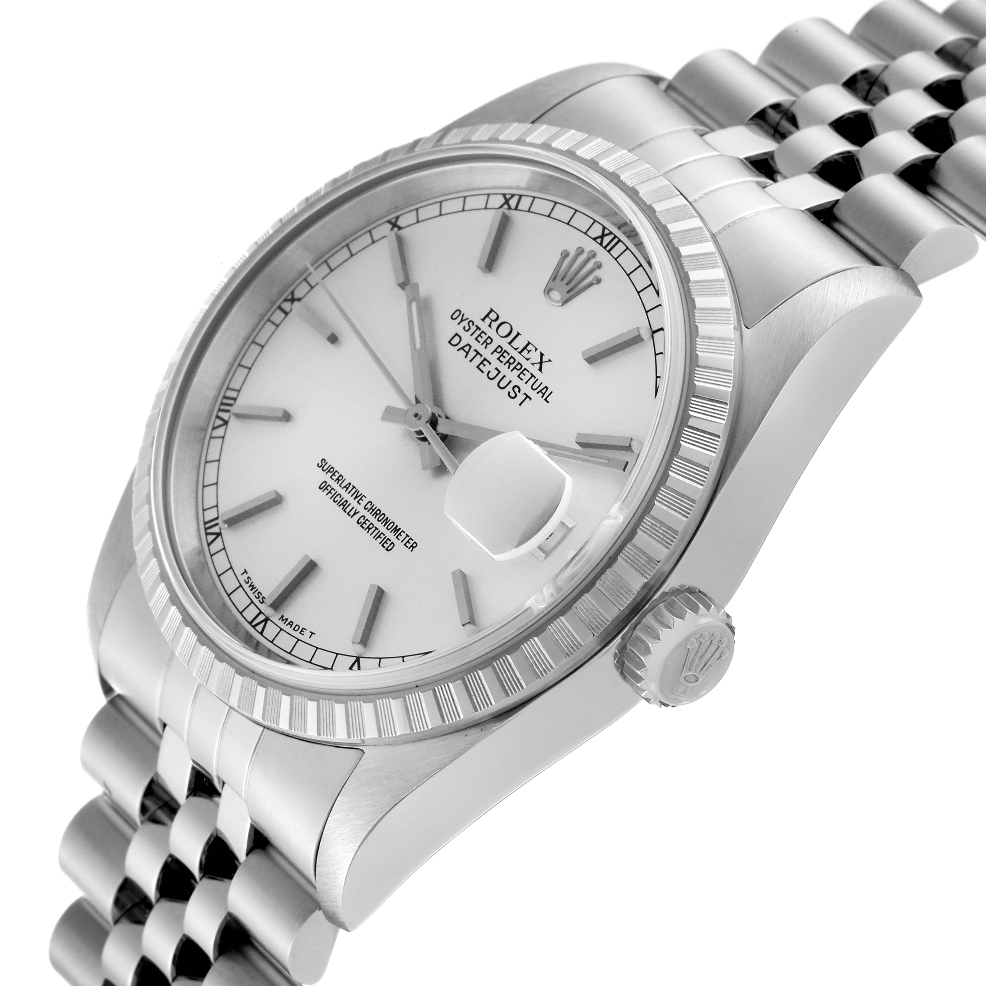 The image shows a Rolex Datejust 16220 Men's Stainless Steel Silver Dial 16220 Men's Stainless Steel Silver Dial watch at an oblique angle, highlighting the face, bezel, crown, and bracelet.