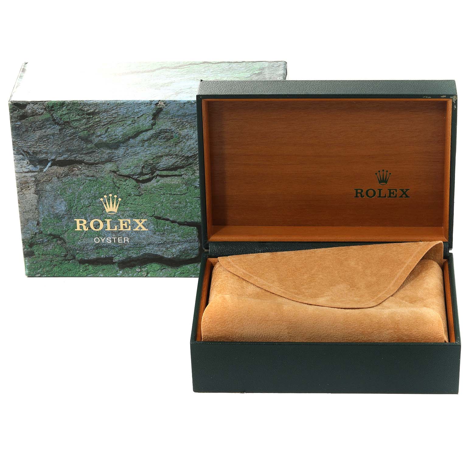This image shows the open wooden box and leather pouch for a Rolex Datejust 16220 Men's Stainless Steel Silver Dial 16220 Men's Stainless Steel Silver Dial watch, with the outer green Rolex box also visible.